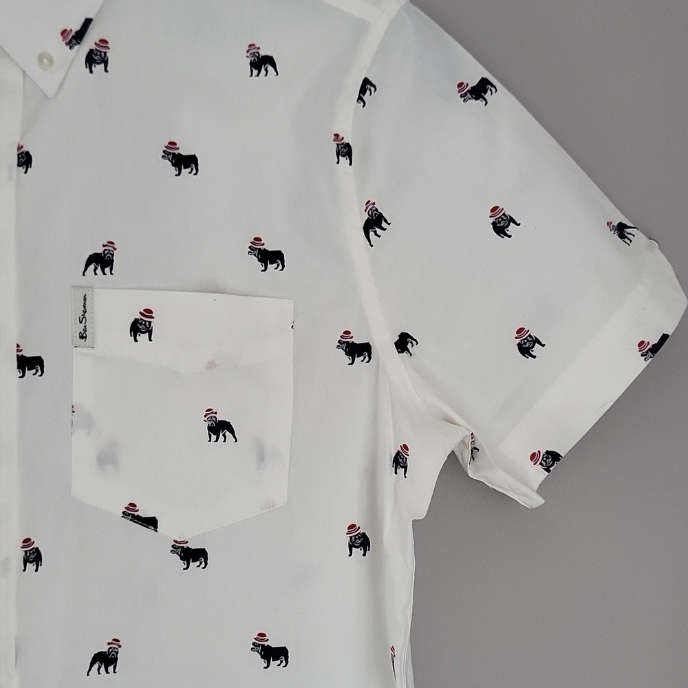 Ben Sherman British Bulldog Print Short Sleeve Button Down Shirt - White - Sz S